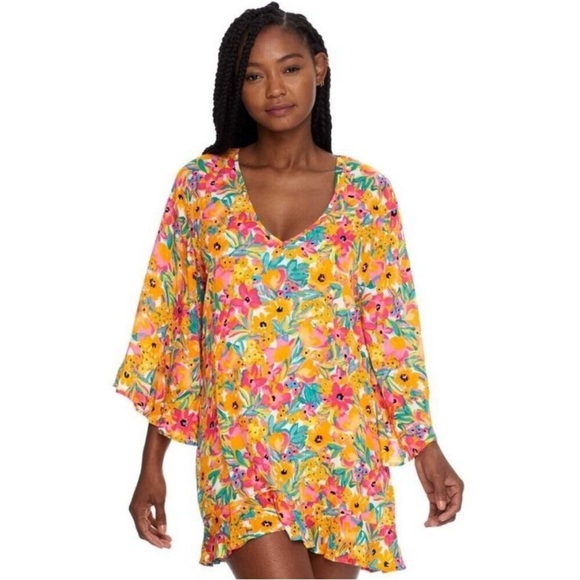 Anne Cole Sunshine Floral Tunic Swim Coverup V-Neck - Picture 2 of 7